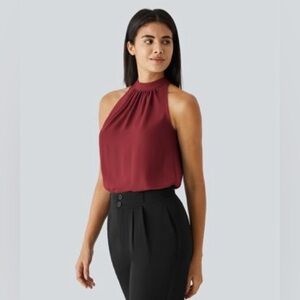 HALARA NWT Keyhole Back Halter Sleeveless Curve Hem Blouse L Plum Blossom Red